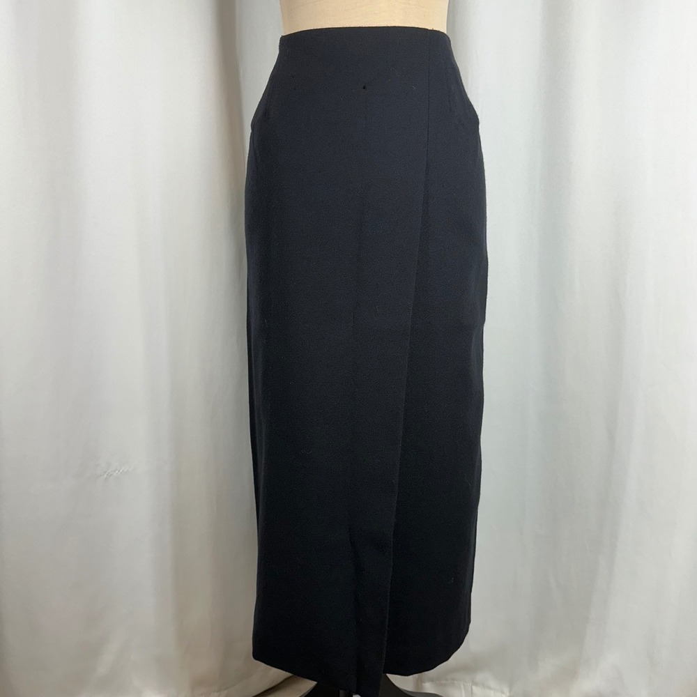 Vintage Harvé Benard Black Wool Maxi Skirt Women's Size 8 Asymmetrical Vent - Picture 2 of 10